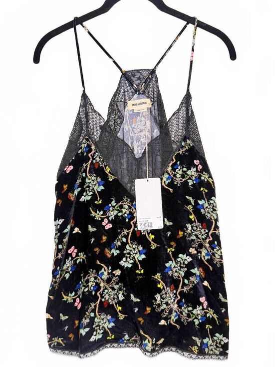 Zadig & Voltaire Tops - Zadig & Voltaire Christy Velvet Blossom Lace-Trim Cami Top Black Size Medium New